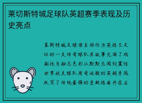 莱切斯特城足球队英超赛季表现及历史亮点
